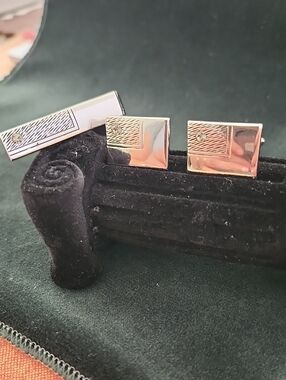 Vintage Swank Silver Flag Cufflinks & Tie Clip Set with Crystal Accents